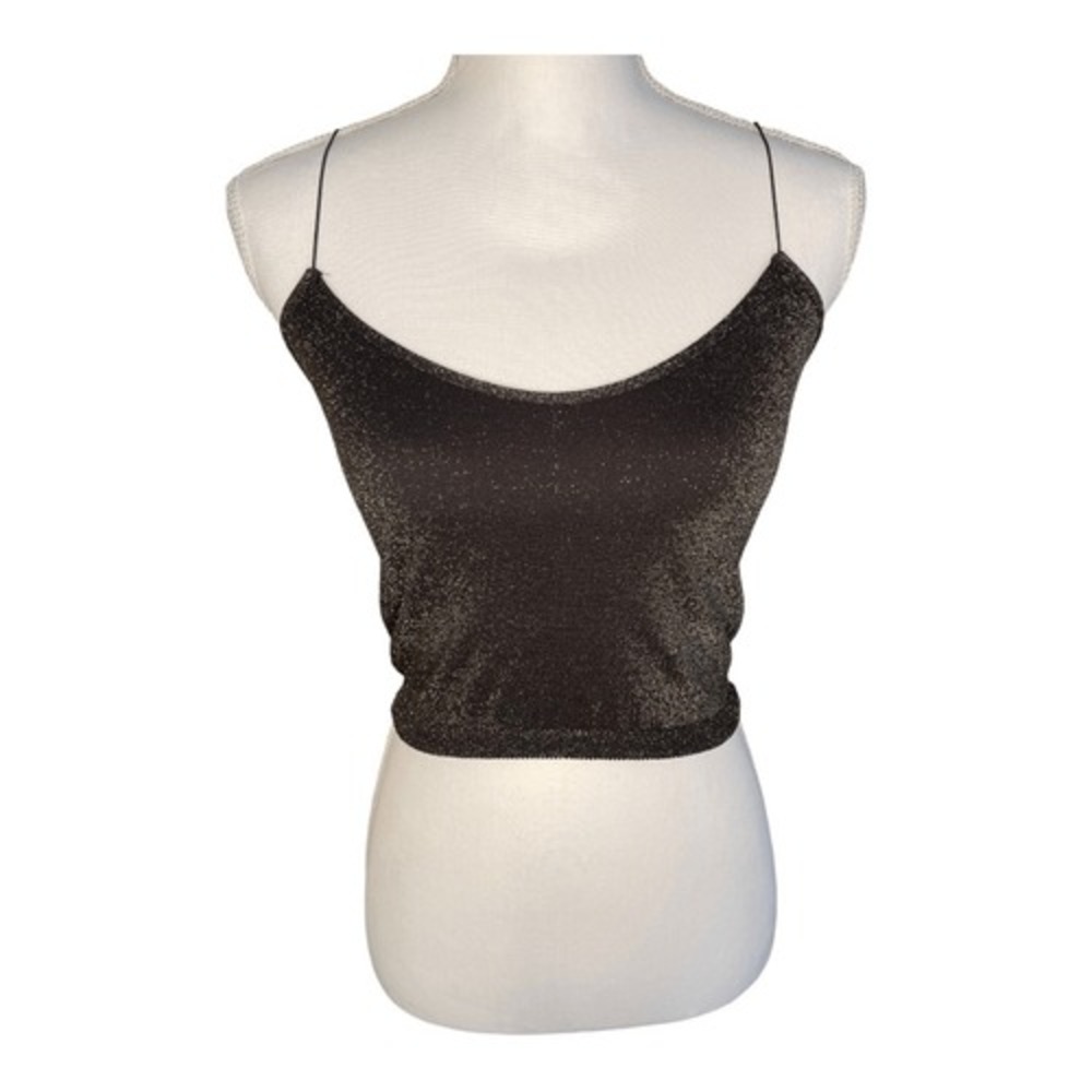 Free People Intimately Black Gold Metallic Shimmer Cropped Cami Tank Top M/L